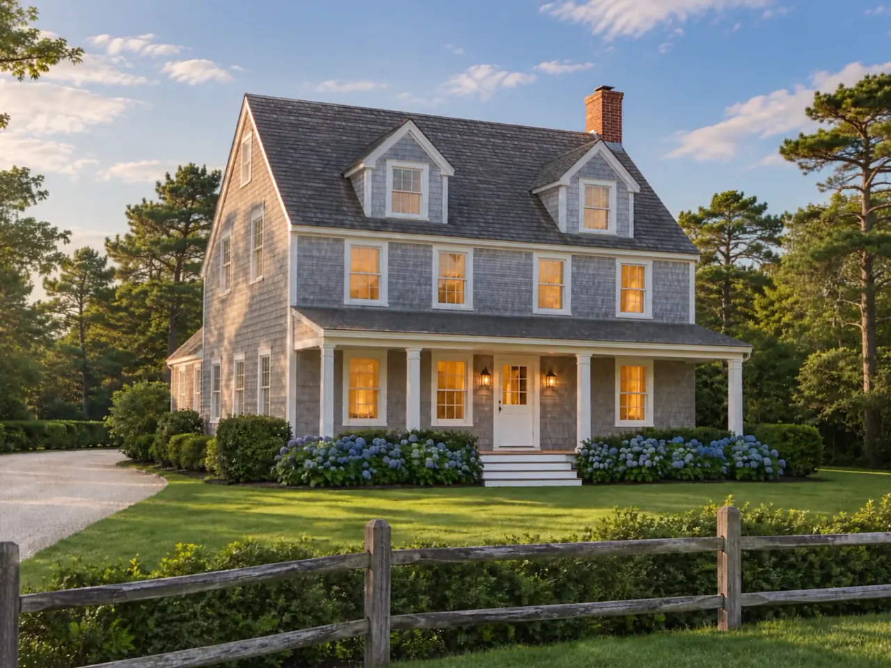 Architectural visualization of a completed cedar-shingle Cape home, with white porch columns, hydrangeas and warm windows