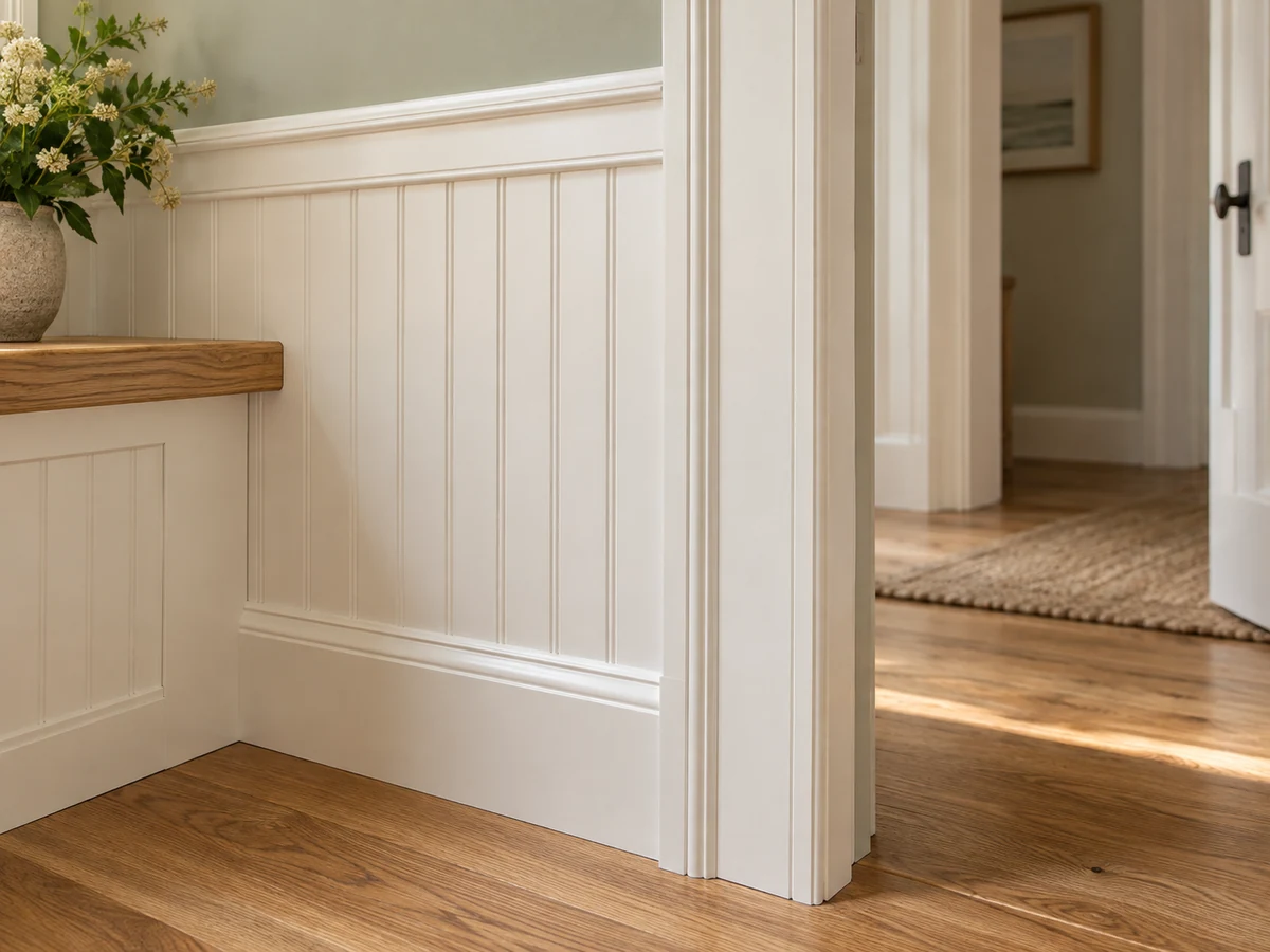 Architectural visualization of finished coastal interior carpentry with white beadboard, doorway casing and a natural oak ledge