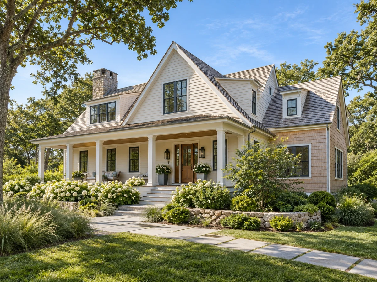 Architectural visualization of an ivory and cedar coastal home with a front porch and hydrangeas in daylight