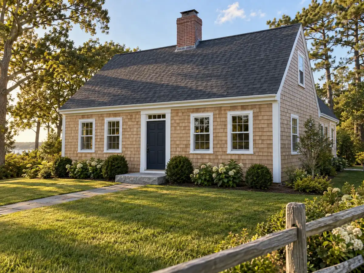Concept after renovation: refreshed cedar shingles, white trim and a landscaped entry