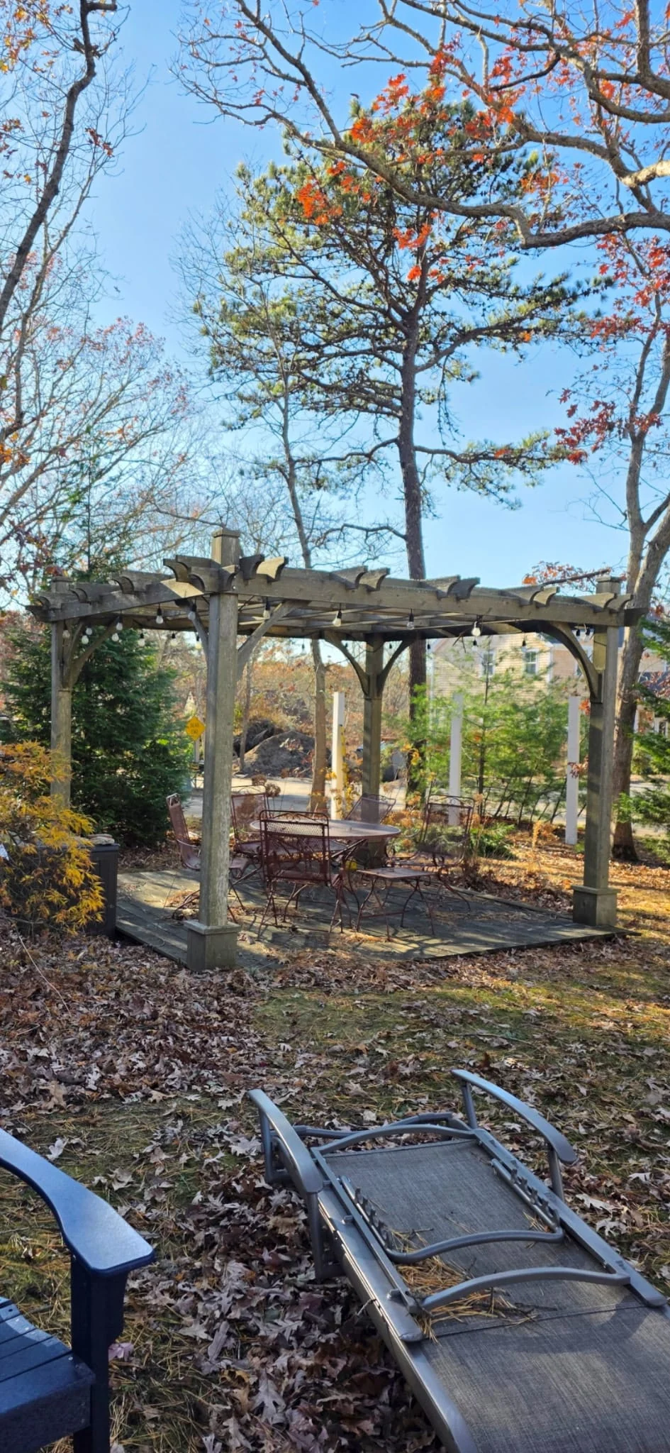 Before: weathered wood pergola and deck with outdoor furniture among trees and fallen leaves